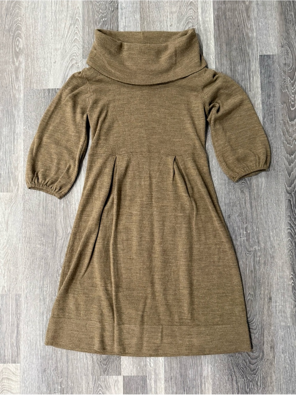 ALYX Brown Solid Knit Cowl Neck Sweater Dress 3/4 Puff Sleeve Knee Size S